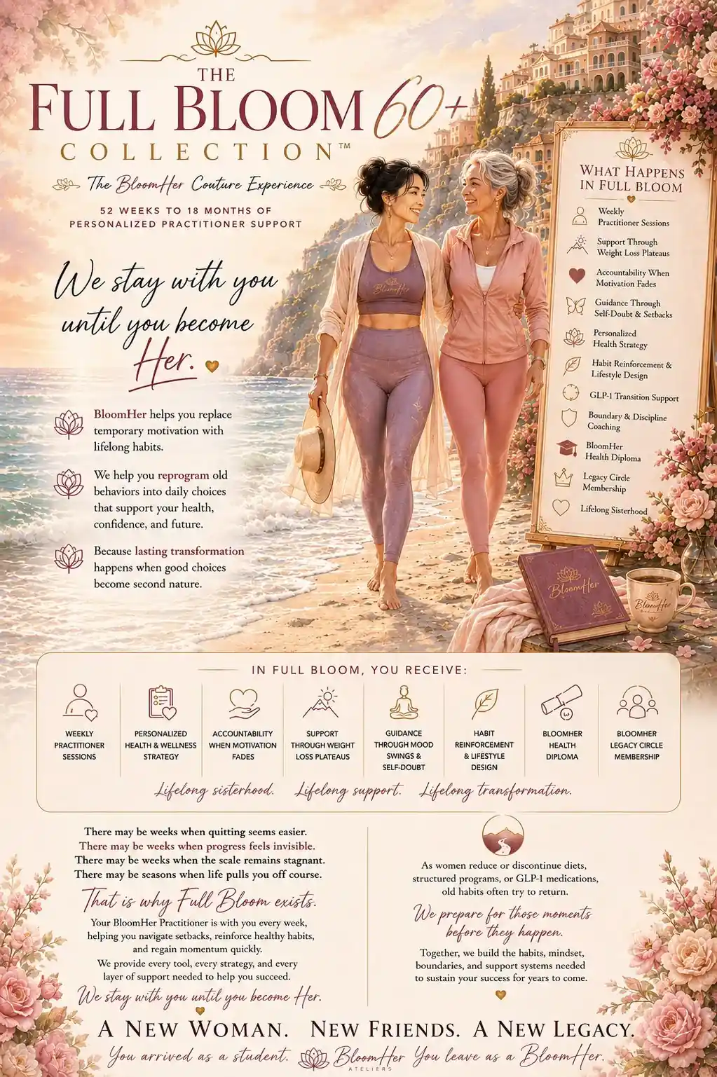 The Full Bloom 60+ Collection, the BloomHer Couture Experience, 52 weeks to 18 months of personalized practitioner support