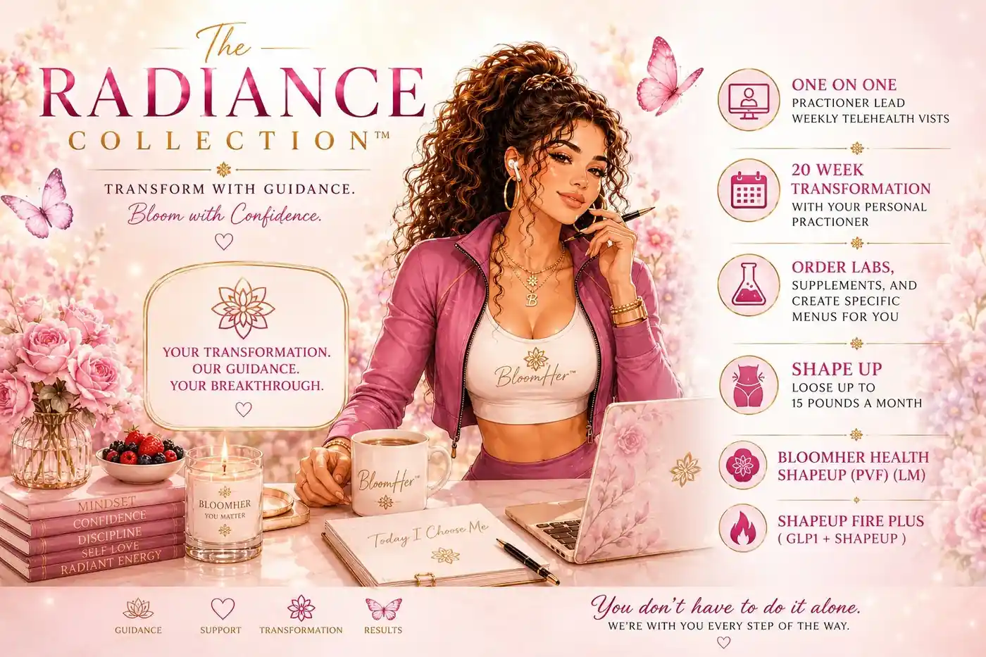 The Radiance Collection: transform with guidance, bloom with confidence. One-on-one weekly telehealth visits, 20-week transformation, labs, supplements and custom menus, ShapeUp and ShapeUp FIRE Plus